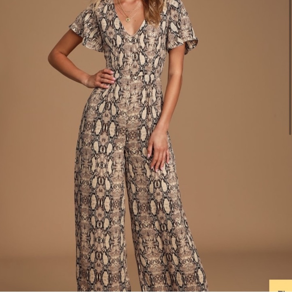 Sage the Label It Girl Tan Multi Snake Print Wide-Leg Jumpsuit